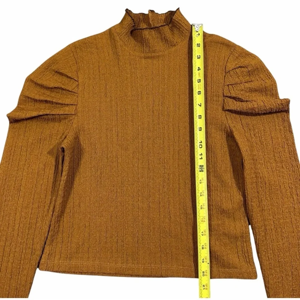 Free People Ela Mock Neck Top Puff Sleeve Terracotta Textured Knit Poetcore S